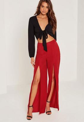 Missguided Satin Split Front Wide Leg Trousers Red