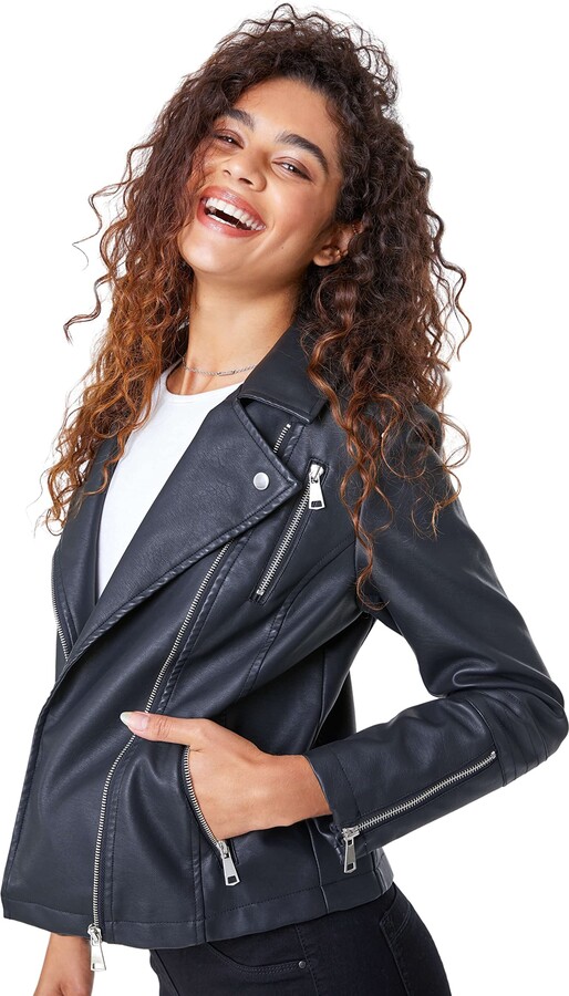 Roman Originals Faux Leather Biker Jacket for Women UK - Ladies Autumn  Everyday Winter Holiday Collar Detail Comfy Zipped Pocket Soft Metal  Hardware Coats - Black - Size 14 - ShopStyle