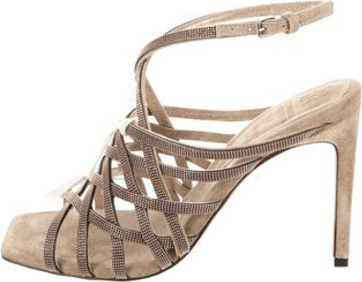 Brunello Cucinelli Suede Sandals Neutrals Monili Platform Multistrap & Buckle Closure at Ankles Includes Box & Dust Bag Designer