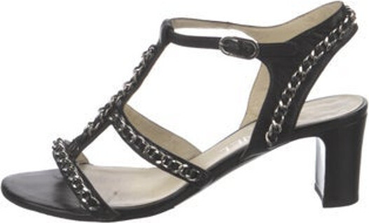 Chanel Black Braided Leather CC Chain Link Wedge Platform Sandals Size 40  Chanel