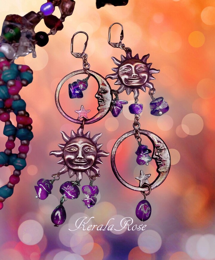 Etsy Sun & Moon Amethyst Earrings - Mystical Celestial Jewelry, Wiccan Spiritual Design, Boho Tarot Crown Chakra Healing Dangle