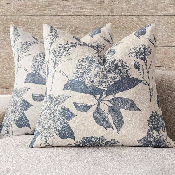 AI'MAGE BlueLinenFloralVintageThrowPillowCoversSetof218×18InchDecorativeforLivingRoom/SofaBluestandard