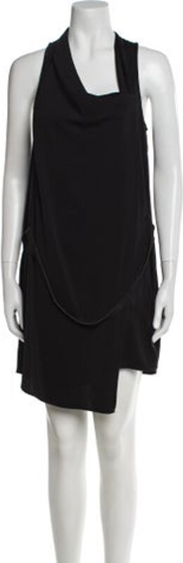 Helmut Lang Shift Dress Black Leather Trim Embellishment Sleeveless with Cowl Neck Sash-Tie Closure at Front Designer