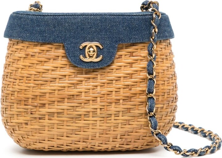 Vintage Chanel Wicker Picnic Basket Bag Black Gold Hardware