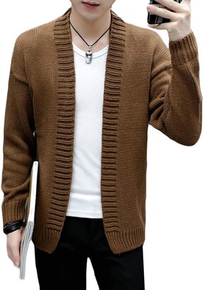 GRMO Men Casual Long Sleeve Solid Pocket Cable Knit Striped Sweaters Cardigan 