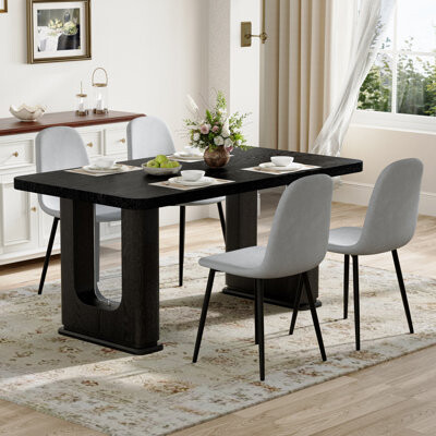 Hokku Designs Modern Black Wood Dining Table Sets With Linen Chairs For Home