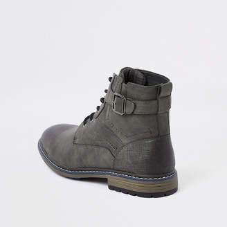 River Island Dark grey lace-up buckle military boots