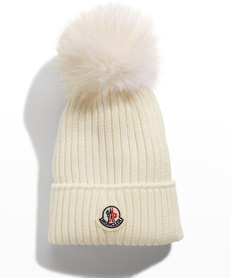 Moncler Kid's Ribbed Knit Beanie Hat w/ Faux-Fur Pompom