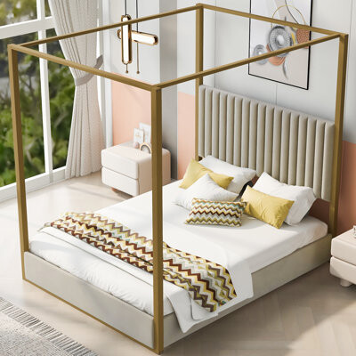 Latitude Run Queen Size Upholstered Canopy Platform Bed with Headboard & Metal Frame Beige