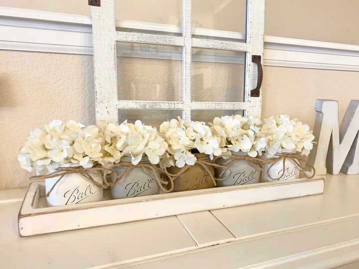 Farmhouse Decor, Mason Jar Centerpiece With Boxwood, Tray Jars, Coffee Table Centerpiece, Decor