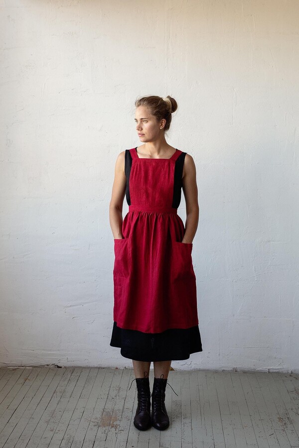 Cherry Pinafore Linen Apron Midi Cross Back