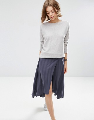 ASOS Midi Skirt in Self Stripe with Stepped Hem Detail