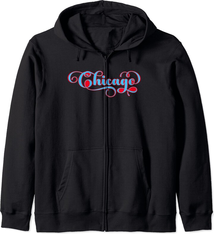 Chicago Chi-Town City Gifts Co. Chi-Town Decorative Font Art Windy City Chicago Flag Colors Zip Hoodie