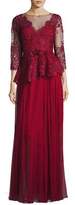 Thumbnail for your product : Rickie Freeman For Teri Jon 3/4-Sleeve Lace & Chiffon Peplum Gown, Red