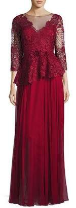 Rickie Freeman For Teri Jon 3/4-Sleeve Lace & Chiffon Peplum Gown, Red