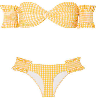 Caroline Constas Andros Off-the-shoulder Shirred Gingham Bikini - Yellow