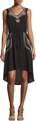 Neiman Marcus Sleeveless Embroidered High-Low Dress, Black/Neutral