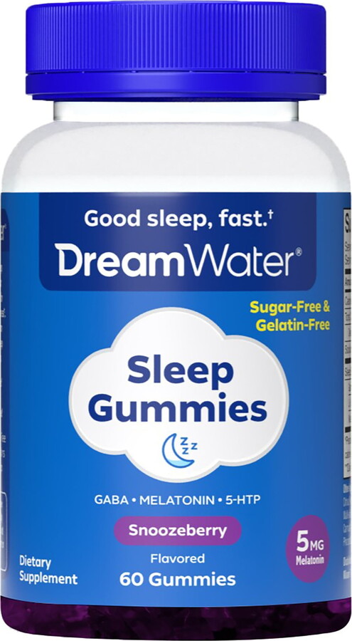 Dream Water Sleep Gummies, Sugar-Free, Gelatin-Free; Blend of 3 Ingredients, GABA, 5mg Melatonin & 5-HTP; Snoozeberry, 60 Gummies