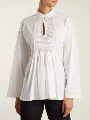 ALEXACHUNG Mandarin-collar Smocked Linen Top - Womens - White