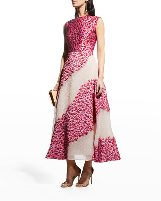 Lela Rose Two-Tone Jacquard Cap-Sleeve Full Skirt Dress