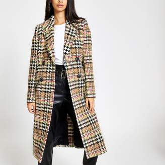 River Island Womens Brown check double-breasted longline coat