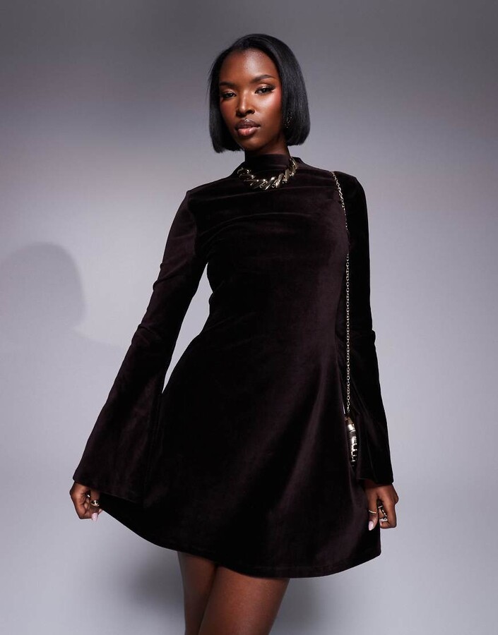 ASOS DESIGN high neck flute sleeve mini dress in velvet cord in brown