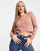 Thumbnail for your product : NA-KD ribbed button detail crop top in pink