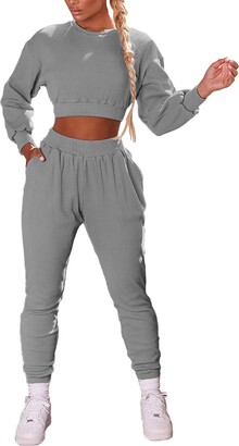 Dainzuy Womens 2 Pieces Outfits Long Sleeve Hoodies Sweatshirt Crop Tops Long Sweatpants Tracksuit Set 
