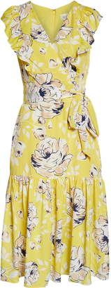 Eliza J Floral Ruffle Detail Crepe de Chine Fit & Flare Dress