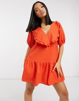 Thumbnail for your product : ASOS Petite DESIGN Petite frill v-neck mini dress with pep hem in red