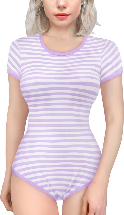 Littleforbig Women's Cotton Scoop Neck Short Sleeve Bodysuit - Collared  Purple XL