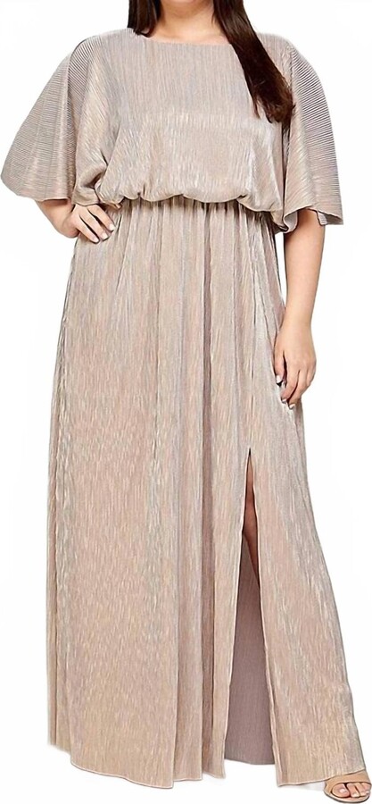 SEE AND BE SEEN Cape Metallic Pleated Maxi Dress - Plus In Grey/gold