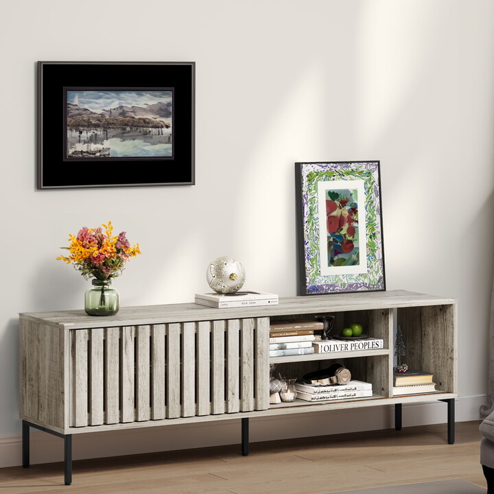 Uforic 64'' TV Stand with Hollow Sliding Door for 70'' TVs, 2 of Shelves Storage, Griege
