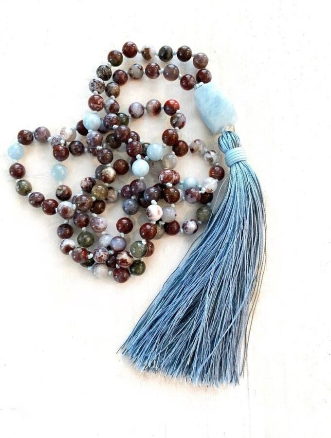 Etsy Quiet The Mind Mala Beads - Tassel Necklace Red Lightning Agate Aquamarine Guru Bead 108 Meditation