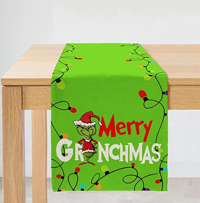 ARKENY Christmas Table Runner 13x72 Inches Merry Grinchmas Green Farmhouse Indoor Vintage Winter Xmas Holiday Theme Gathering Dinner Party Holiday Decor AT040