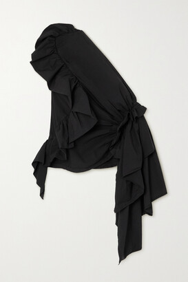 Dries Van Noten One-shoulder Draped Ruffled Cotton-blend Sateen Top - Black