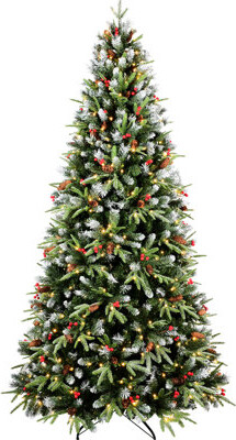 7ft Christmas Tree Featuring 450 Warm White Led Lights, 2178 Snow - Tipped Pe+ Branches, Red Berries & Pine , Stable Base For Realistic Look Lights Wi