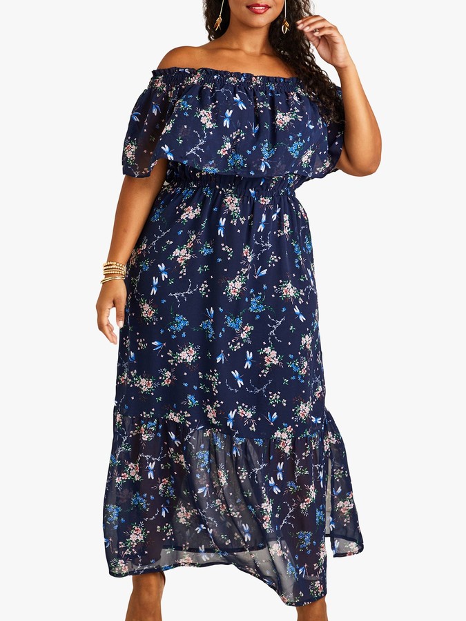 Yumi Curve Dragonfly and Flower Print Bardot Maxi Dress, Navy