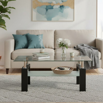 Ivy Bronx Rectangle Glass Coffee Table Clear Coffee Table Modern Side Center Tables for Living Room