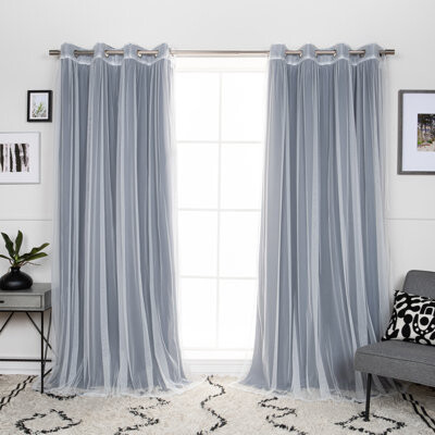 Best Home Fashion, Inc. Pin Check Printed Polyester Room Darkening And Ruched Tulle Sheer Silver Grommet Curtain Pair (Set Of 4)