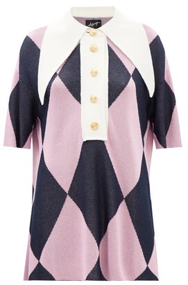 ELZINGA Exaggerated-collar Diamond-check Knit Mini Dress - Pink Multi