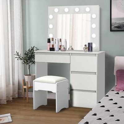 Dressing Table Mirror With Drawers, White Vanity Set Mirror With Lights
