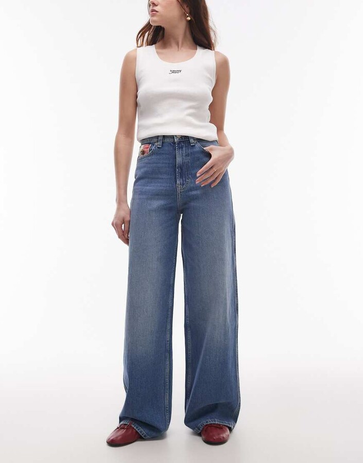 Tommy Jeans Claire high rise wide leg jeans with flag detail in mid wash