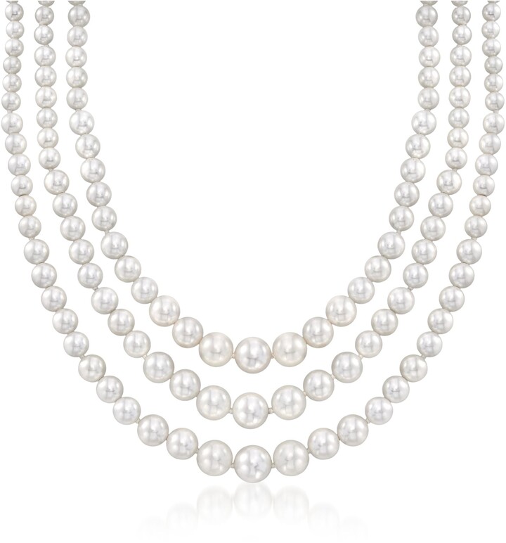 Sterling Silver Rh 6-11mm White Freshwater Cultured Pearl 3-strand Grad Necklace 18 Inch 