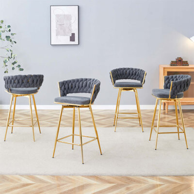 One Allium Way Four-Piece Rotating Swivel Chair With Cotton And Linen Seat Golden Metal Legs Rust-Proof And Wear-Resistant For High Tables In Restaurants And Bars