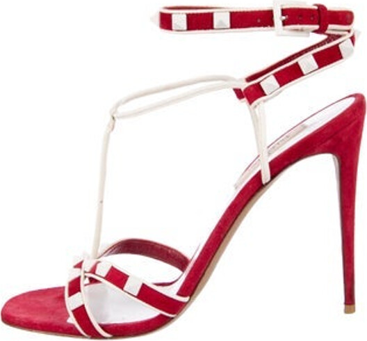 Valentino Suede Sandals Red & White Rockstud Accents Studded Accents Wrap-Around Straps & Buckle Closure at Ankles