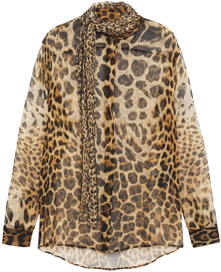 Saint Laurent Tie-neck Leopard-print Silk-chiffon Blouse - ShopStyle Tops