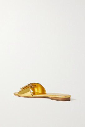 Fendi Cutout Metallic Leather Slides - Gold