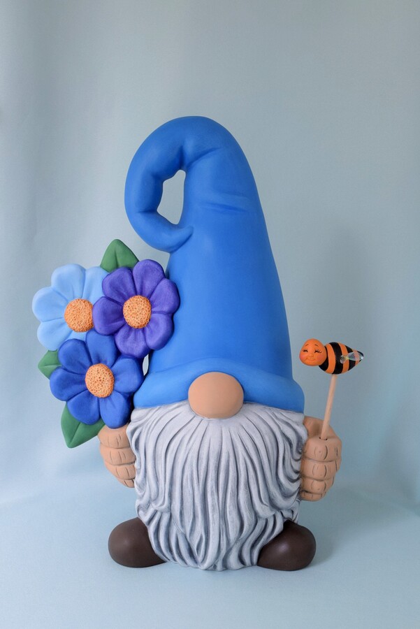 Large Garden Gnome - Statue Woodland Backyard Decor Ceramic Gnome Floral Holding A Bee