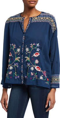 Johnny Was Gisella Floral Embroidered Voile Button-Down Blouse
